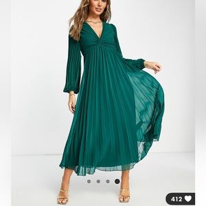 ASOS DESIGN pleated bodice plunge neck midi dress in forest green